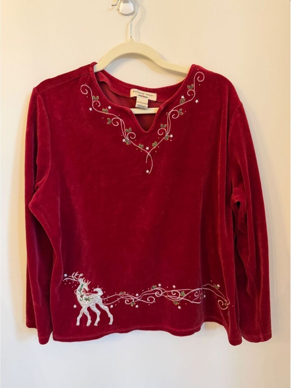 Vintage Bechamel Red Long Sleeve Holiday Top Nostalgic Reindeer Embroidery Sz 1X